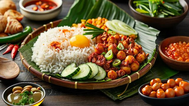 A plate of nasi lemak with a fried egg, cucumber, and chili peppers