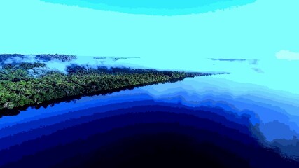 high-contrast landscape with a river or lake, dense green forest along the shoreline, and a bright, almost surreal sky. Mist or fog appears to hover above the trees, adding depth and an ethereal feel 
