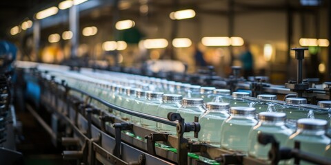 Bottles Moving on a Conveyor Belt Through a Factory, Showing a Closeup of the Machinery and Glass Containers
