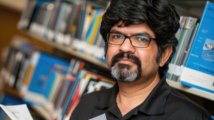 Man with glasses and beard in library, looking at a book