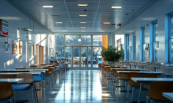A bright, modern cafeteria with tables and chairs, inviting for social gatherings and meals.