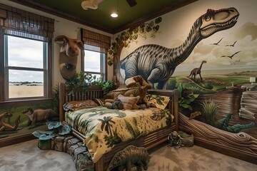 A dinosaur excavation-themed bedroom with a fossil bedspread, dinosaur bone wall decals, and an excavation play area