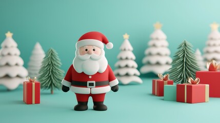 Fototapeta premium 3D cartoon Santa Claus in a snowy forest with colorful gift boxes, against a teal background.