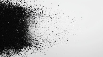An abstract image featuring a dispersing black powder against a white background, creating a striking contrast and dynamic visual effect.