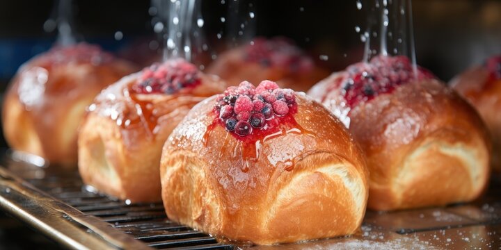 Sweet Berry Topped Breads Drizzled With Syrup and Sprinkled With Powdered Sugar