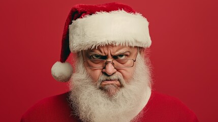 Santa Claus with a playful, snarky expression and glasses against a red background.
