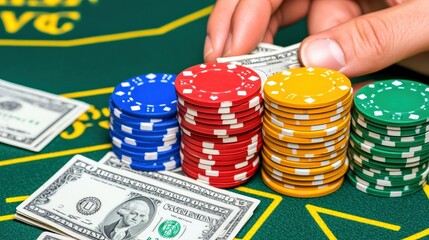 A person is playing a game of poker with a stack of chips and a stack of bills