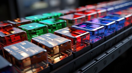 A Close-Up Perspective of Shiny Colorful Cubes in a Grid Pattern on a Black Surface