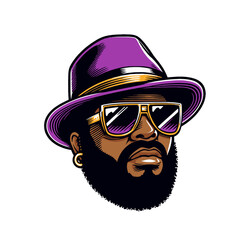 Fototapeta premium Pimp head in purple hat and gold glasses isolated 
