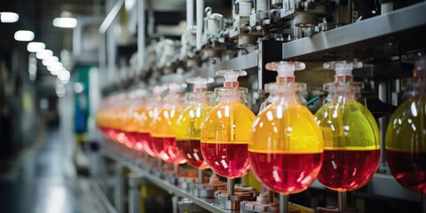 Bottles on a factory production line, showcasing a vibrant yellow and red liquid mixture, as they move along a metal conveyor belt, creating a visual spectacle of industrial production.