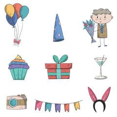 Party, birthday, celebration , illustration set. cake, party hat, drinks, carnival elements