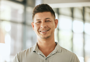 Obraz premium Portrait, smile and man in office, confident and ambitious for business, proud and expert of project. Entrepreneur, happy and person in company, professional and consultant in finance and joy