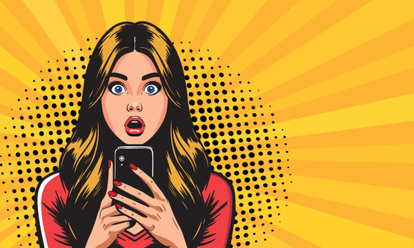 Surprised sexy girl. Advertising design of girls presenting something in pop art style