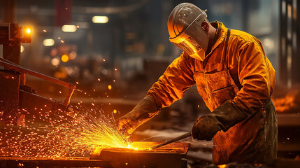 A worker in protective gear pouring molten metal, creating sparks in an industrial setting - Powered by Adobe