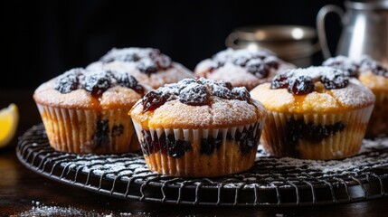 A close-up view of freshly baked muffins topped with a generous dusting of powdered sugar, their golden-brown crusts gleaming under the light.