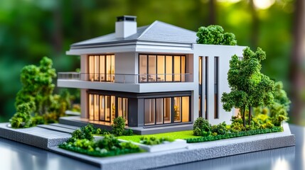 Fototapeta premium Charming miniature house model embraced by verdant greenery, capturing the essence of suburban tranquility