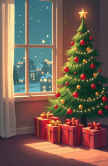 Decorated Christmas tree with wrapped gifts stands in cozy living room, it is snowing outside the window in the background, New Year Eve