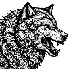 Fototapeta premium fierce howling wolf growling with bared teeth. Tattoo design. Strength and wild nature sketch engraving generative ai PNG illustration. Scratch board imitation. Black and white image.