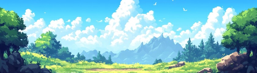 Obraz premium Whimsical cartoon landscape with stylized trees and rocks