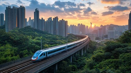 Naklejka premium Modern High-Speed Train in Urban Landscape at Sunset