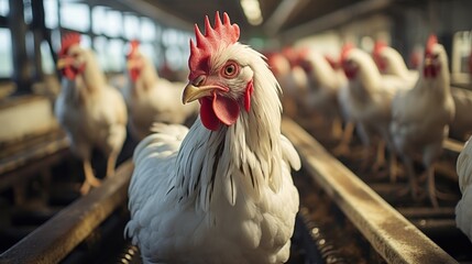 A white rooster stands in a coop surrounded by other chickens, its bright red comb and wattle contrasting against the soft white feathers.