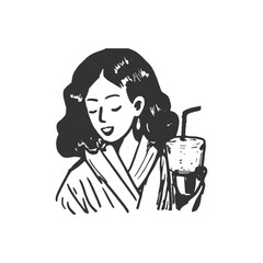 Woman with Drink in Hand. Minimalist Line Art. Black and white line art of a woman holding a drink with a straw. Elegant and relaxed, hand-drawn style illustration for lifestyle, and social media.