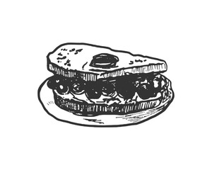 Avocado Toast with Egg. A hand-drawn illustration of a slice of toast topped with mashed avocado, a fried egg, and a sprinkle of salt and pepper. The image in black and white in vintage, sketch style.