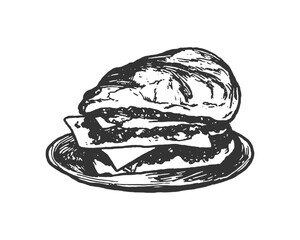 Croissant Burger. hand-drawn illustration of burger made with a croissant bun, filled with meat, cheese, and other ingredients. The burger on plate. The image in black and white vintage, sketch style.