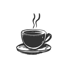 Hand-drawn sketch of a steaming coffee cup on a saucer. A simple yet evocative sketch of a coffee cup with rising steam, sitting on a saucer. Ideal for menus, and cafes.