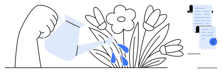 Fototapeta premium A hand holding a watering can nurtures blooming flowers with documents nearby. Ideal for growth, nurturing, business processes, self-improvement, and organization. Minimalist vector style in blue