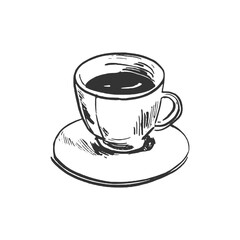 Hand-Drawn Coffee Cup Illustration. A black and white, hand-drawn illustration of a cup of coffee placed on a saucer. The sketch features simple yet detailed lines, classic coffee