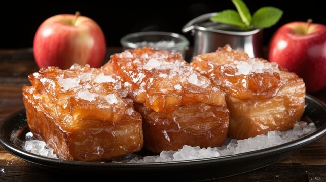 Glazed Apple Fritters with a Crispy Exterior and a Sweet, Gooey Center Served on a Bed of Ice