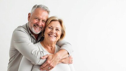 Elderly couple hugging, smiling on a white background, great mood. Free space for text