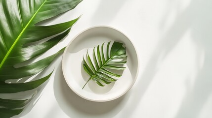 Minimalist elegance, a study in green and white with single leaf on bowl
