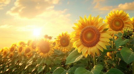 Obraz premium Sunflowers bloom in a field at sunset.
