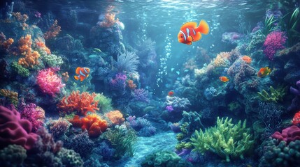 Obraz premium Colorful fish swimming in vibrant coral reef.