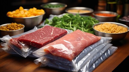 Vacuum-sealed meat and vegetables in clear plastic bags, arranged on a wooden surface
