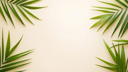 Fototapeta premium Vibrant green leaves on a soft beige background, study in natural contrast and texture