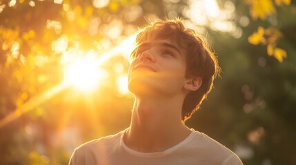 Fototapeta premium Young Man Enjoying Sunlight in Nature