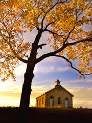Golden sunset in late October as yellow cottonwood leaves surround the historical one room Lower...