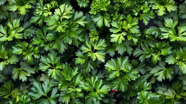 Fresh parsley leaves fill the frame, a vibrant green against a dark background