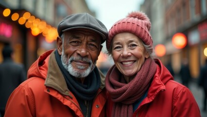 An elderly African couple on the street, decorated for Christmas, New Year, smiling in a great mood