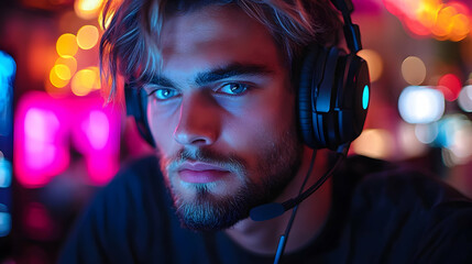 A focused gamer wearing a headset in a colorful gaming environment.