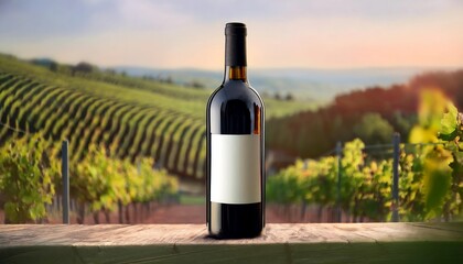Fototapeta premium Elegant mock-up of a tall amber wine bottle in a vineyard during golden hour with blank label ready for design. Generative AI
