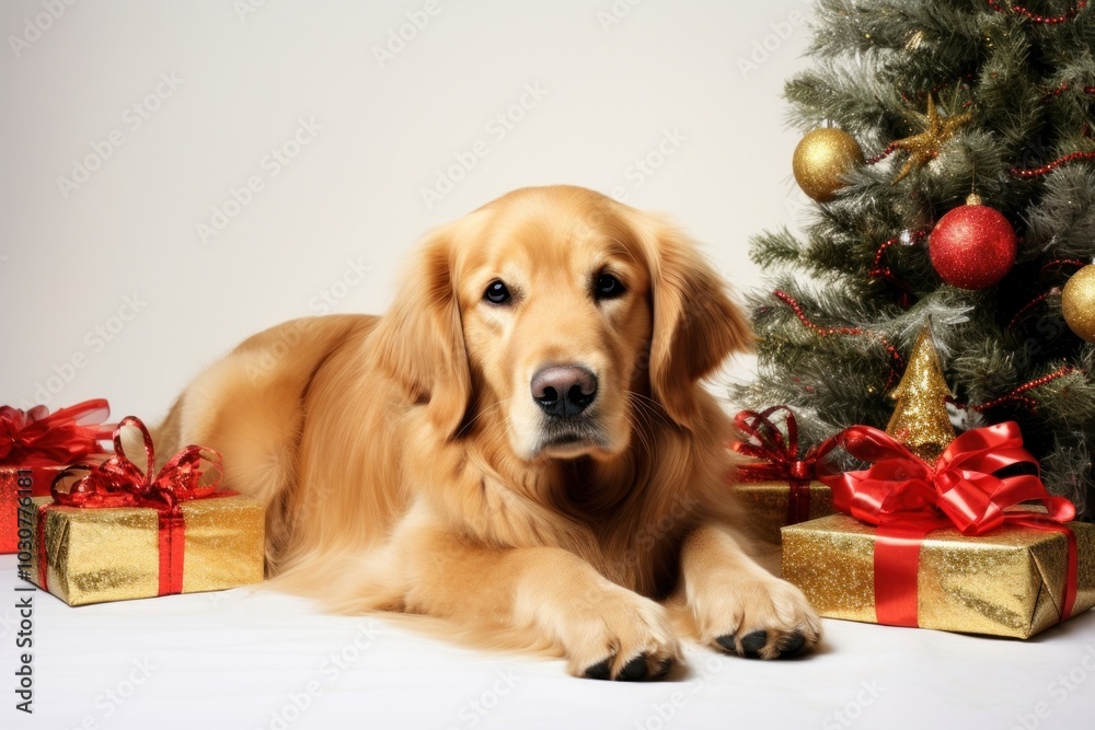 Sticker Dog lying near christmas tree retriever mammal animal.