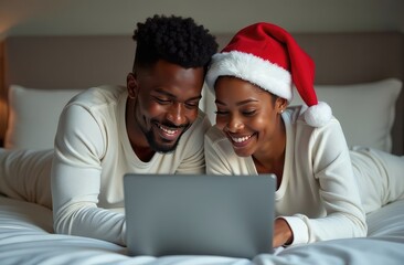 A happy young couple in Santa Claus hats make a video call