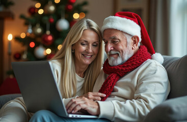 happy retired men and women in a Santa Claus hat are smiling and making a video call. The concept of an active lifestyle and leisure for pensioners on Christmas Eve
