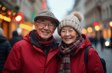 An elderly Asian couple on the street, decorated for Christmas, New Year, smiling in a great mood