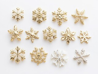 gold metallic glitter snowflakes on an isolated white background