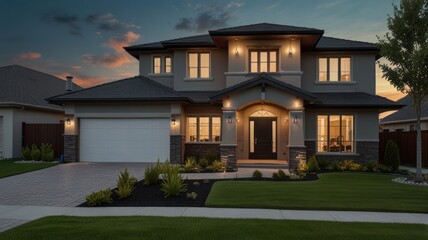A modern two-story house with a large yard and a driveway. The house is lit up at dusk, creating a warm and inviting ambiance.